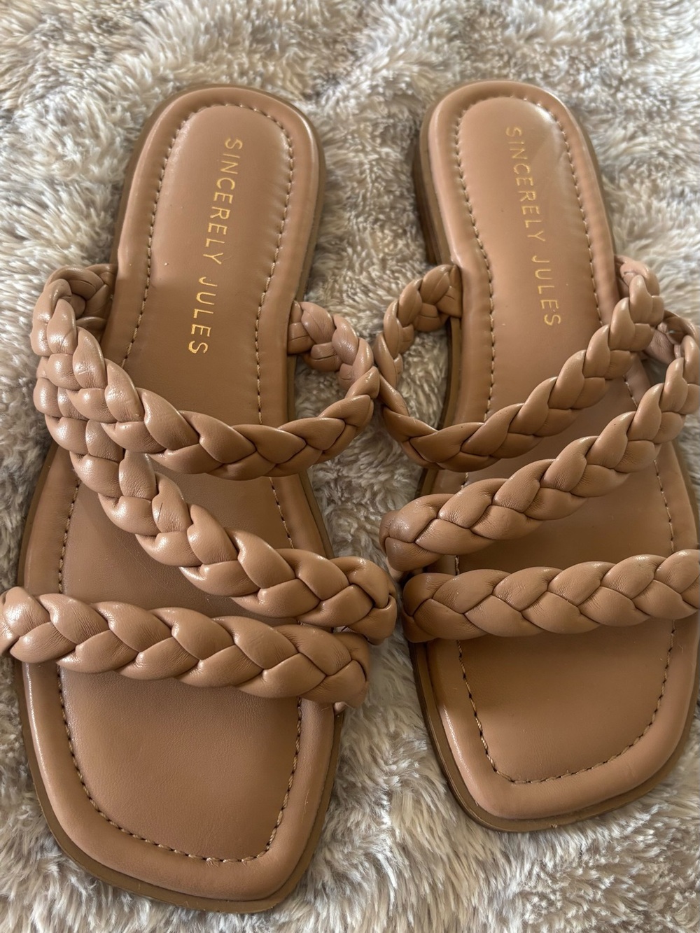 Sincerely Jules Braided Triple-Strap Slide Sandals in Tan